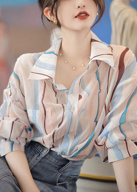 Pink Peter Pan Collar Striped Cotton Shirt and Denim Skirt Two Pieces Set Fall