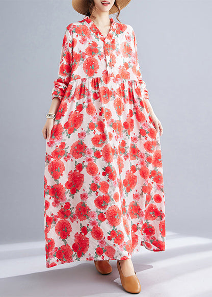 Red Oversized Print Cotton Holiday Dresses Spring