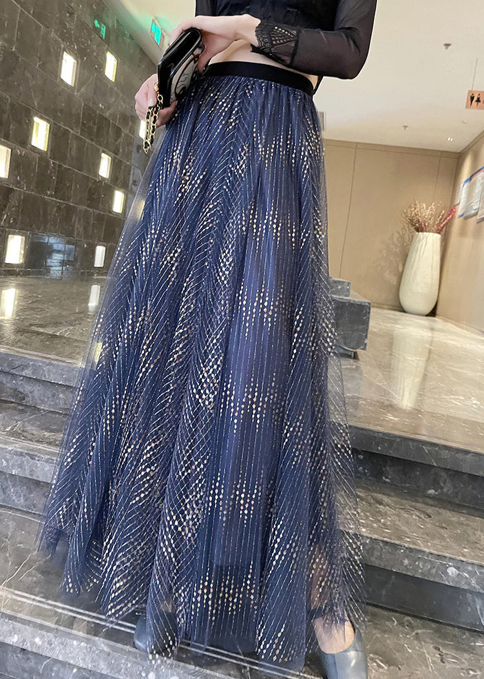 Blue Wrinkled Tulle a Line Skirts High Waist Summer