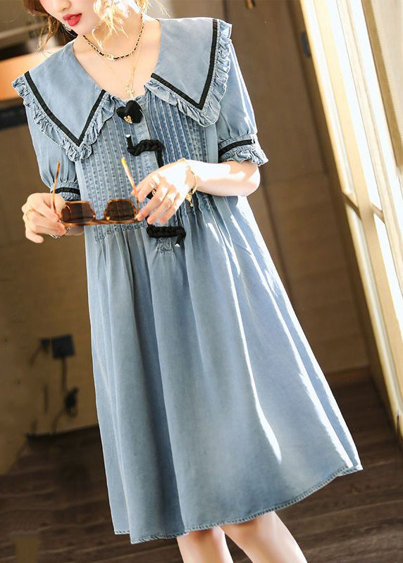 Light Blue Peter Pan Collar Wrinkled Cotton Denim Dress Summer