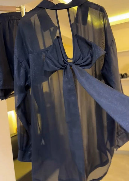 Black Bow Backless Chiffon Sheer Blouses Summer