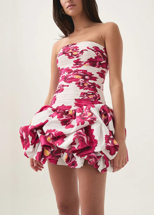 Slim Fit Rose Strapless Print Wrinkled Cotton Mid Dress Sleeveless