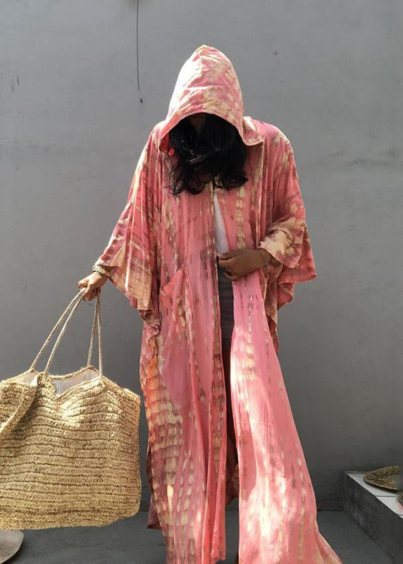 Pink Hooded Print Cotton Loose Cardigan Summer