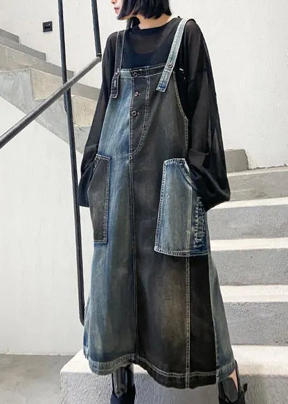 100% Denim Black Cotton Quilting Clothes Sleeveless Pockets Maxi Dresses