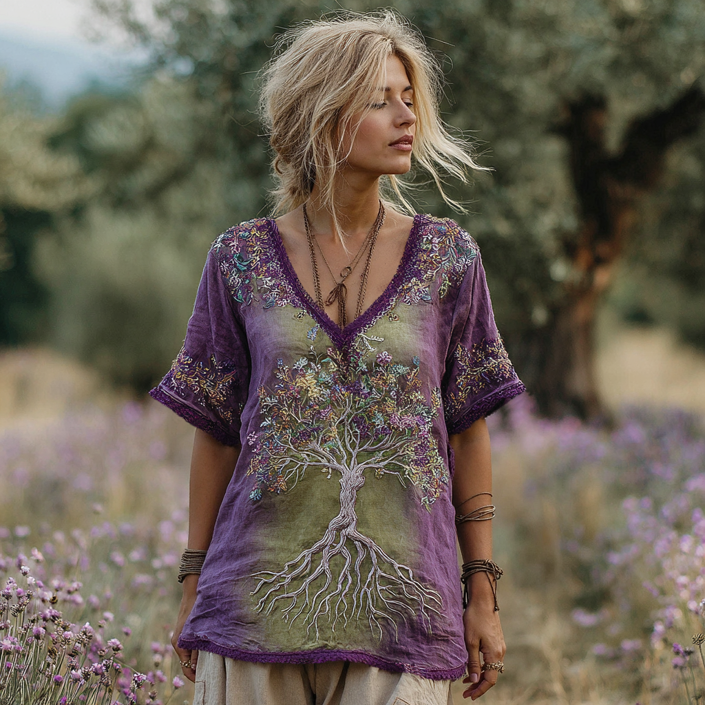 Vintage Tree Of Life Purple Floral Gradient T-shirt elevenforest