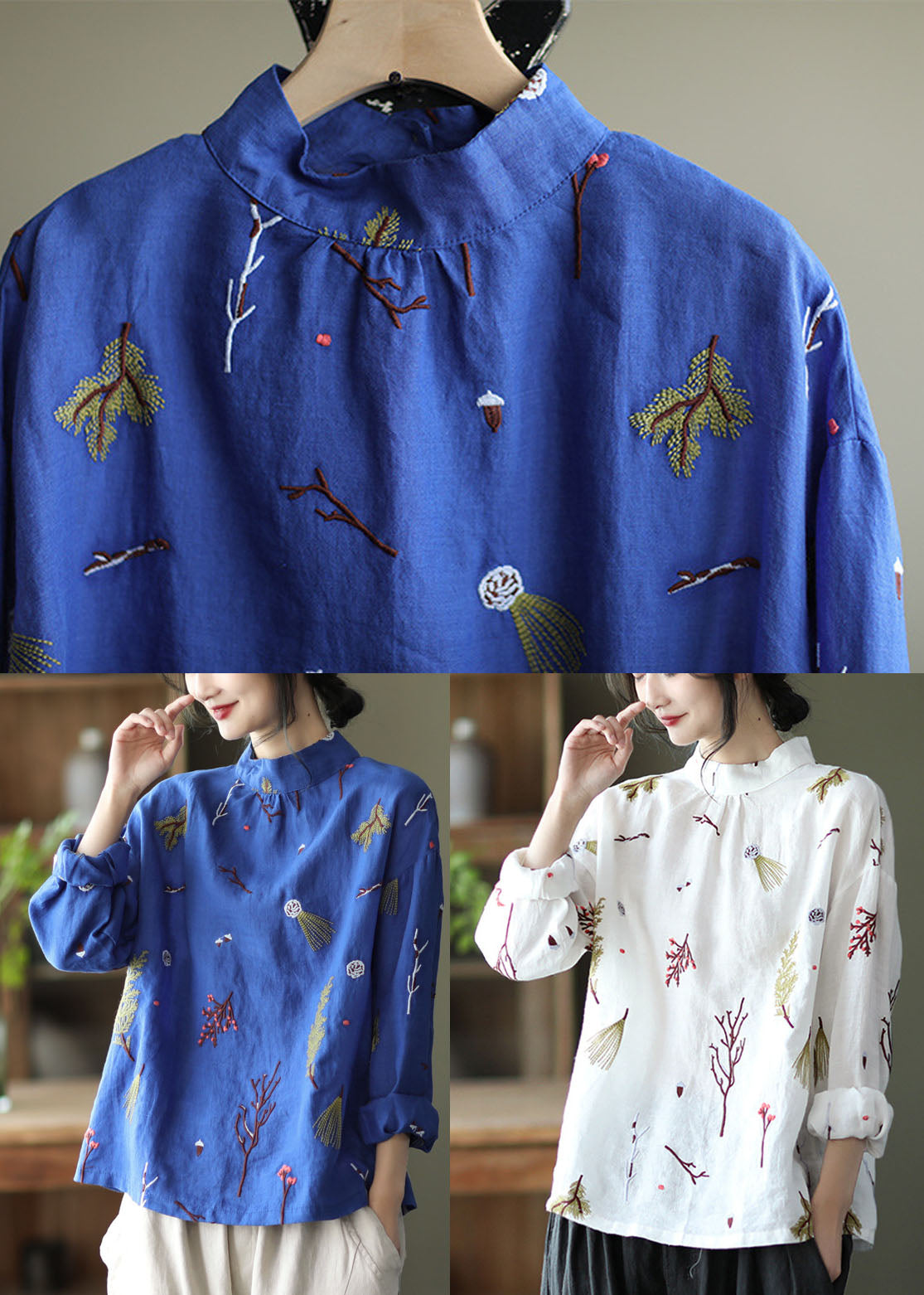 Stylish Blue Embroideried Retro Linen Blouse Tops Spring