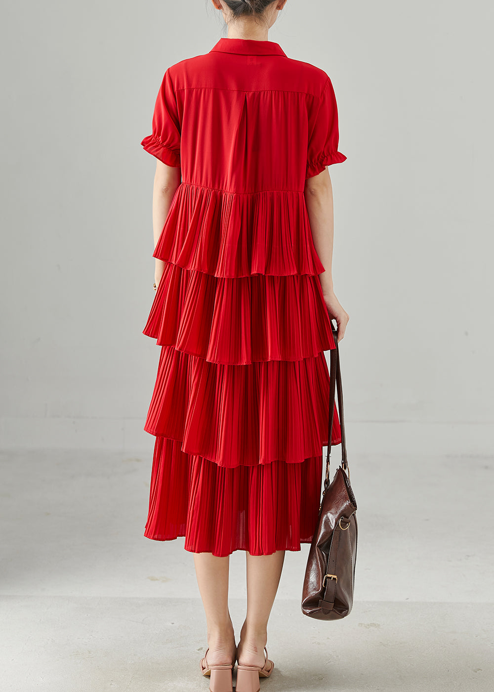 Red Peter Pan Collar Patchwork Chiffon Dress Summer