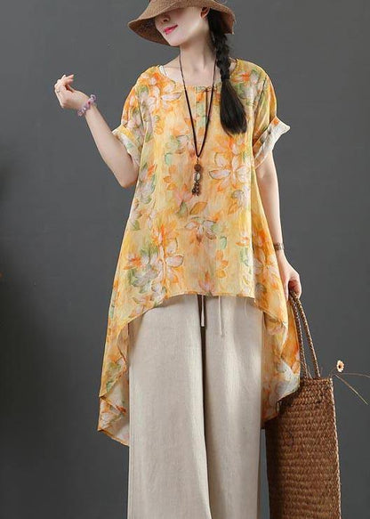 Yellow Print Linen Low High Design Shirt Summer