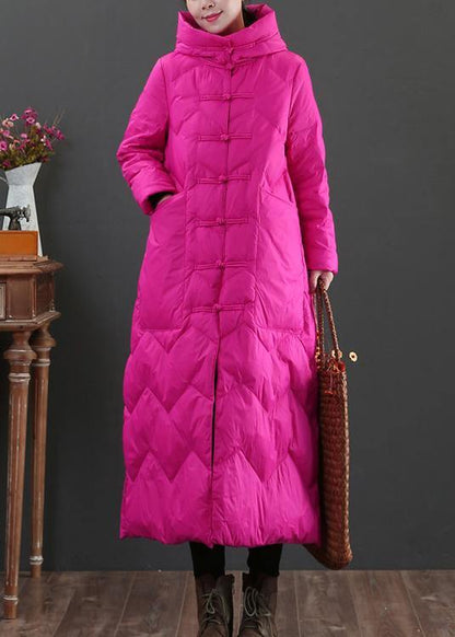 Rose Warm Winter Coat Loose Fitting Parka Hooded Chinese Button Warm Outwear