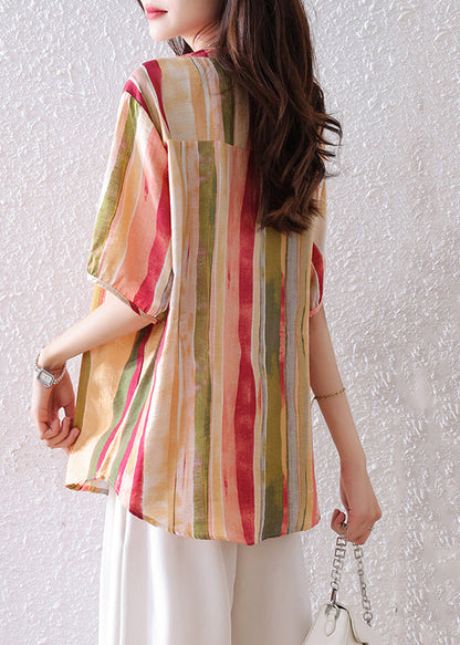 Diy Rainbow V Neck Striped Cotton Top Half Sleeve