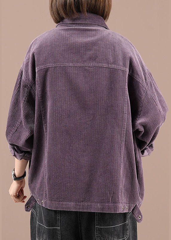 Purple Peter Pan Collar Pockets Button Fall Coat Long Sleeve