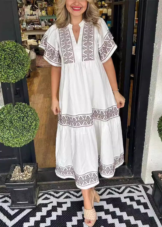 White V Neck Print Cotton Long Dresses Summer