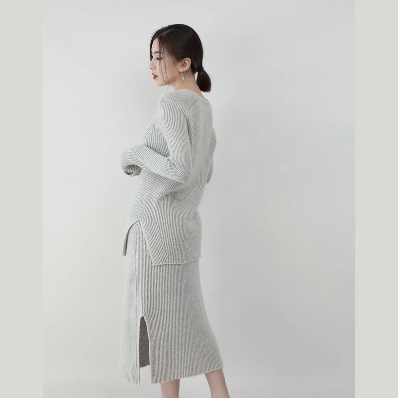 Gray Knit Sweaters Clothing V Neck Knitted Blouses Side Open Skirt Two Pieces
