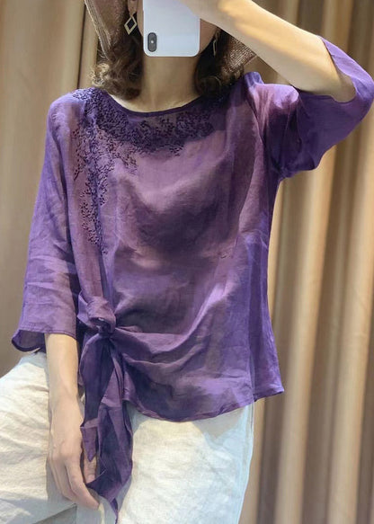Novelty Purple O-neck Embroideried Tie Waist Linen Top Long Sleeve