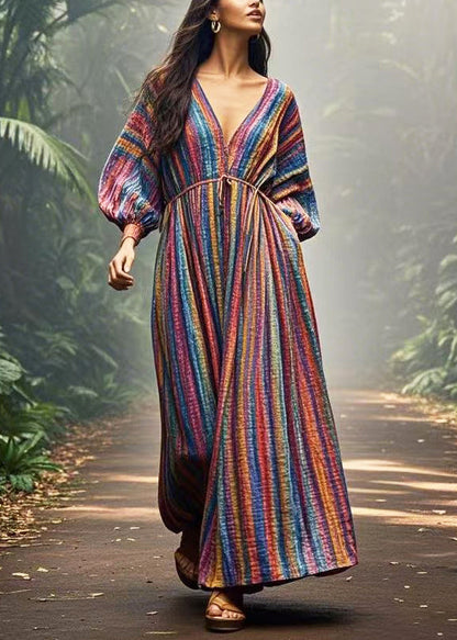 Diy Colorblock V Neck Striped Cotton Vacation Dress Spring