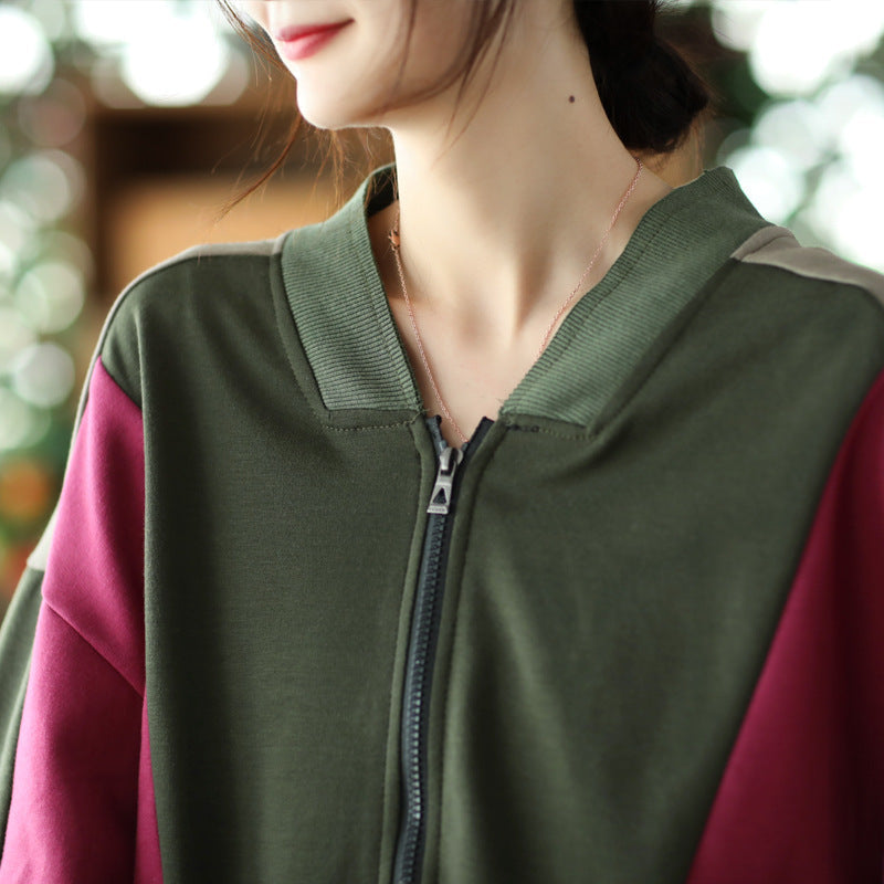 Retro Color-blocking Loose Long-sleeved Literary Jacket