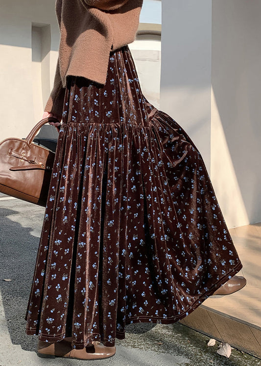 French Coffee Wrinkled Elastic Waist Velvet Skirts Winter