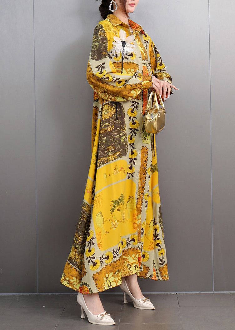 Yellow Oversized Print Chiffon Long Dresses Fall
