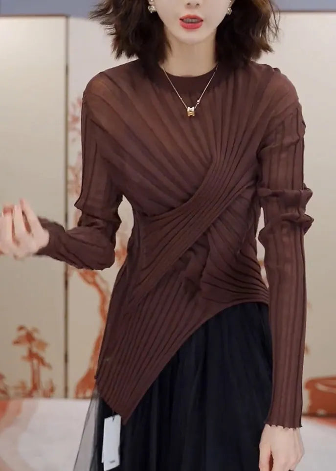 Handmade Coffee O-neck Asymmetrical Wrinkled Tops Spring