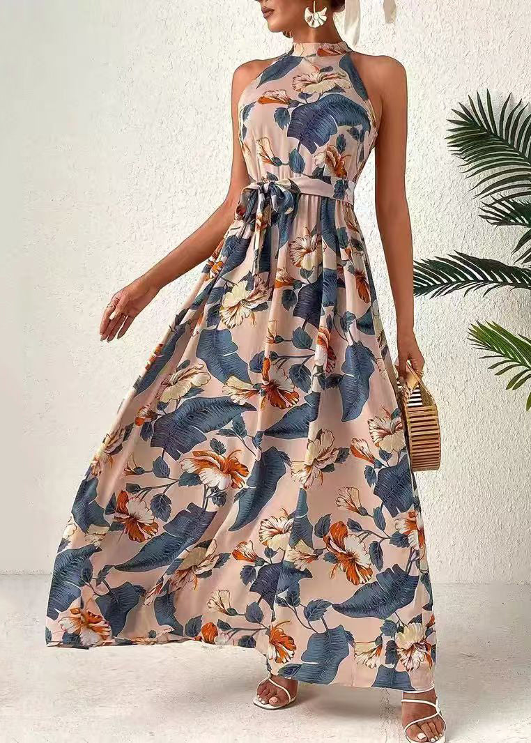 Blue Cold Shoulder Print Lace Up Cotton Dress Sleeveless