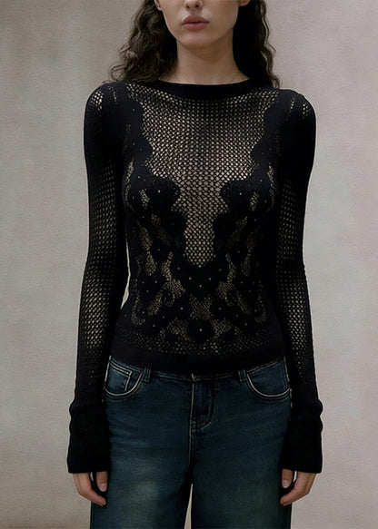 Slim Fit Black Hollow Out Knitting Cotton T Shirt Spring