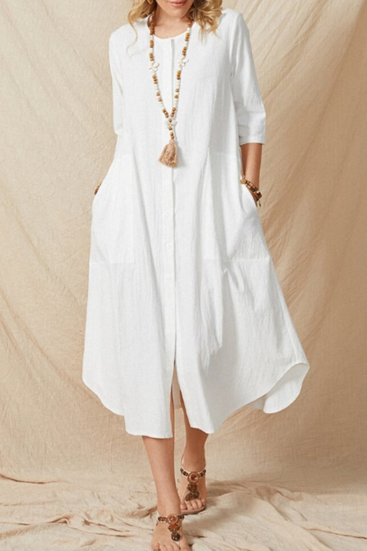 Pocket Buckle O Neck a Line Dresses