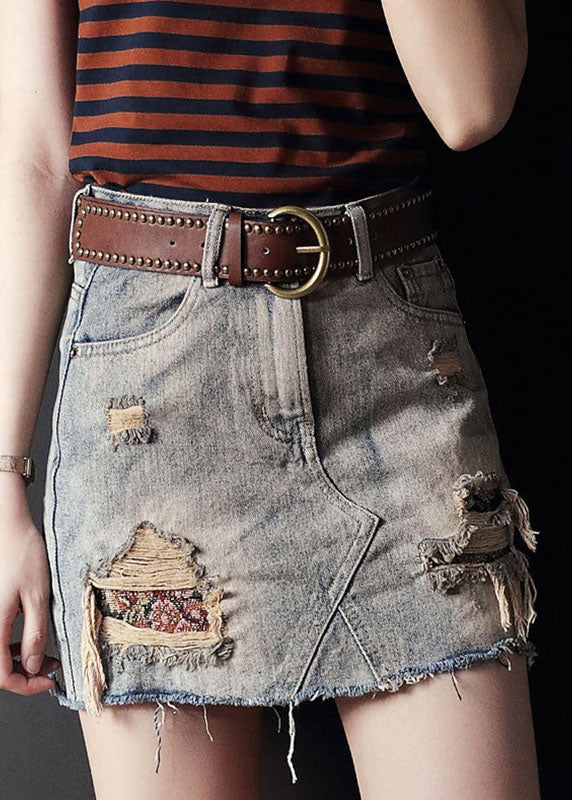 Grey High Waist Tassel Pockets Cotton Denim Ripped Skirts Summer