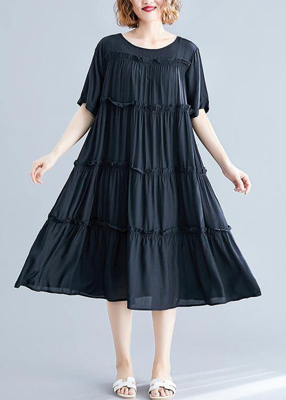 Modern Black Cotton Tunics O Neck Cinched Maxi Summer Dress