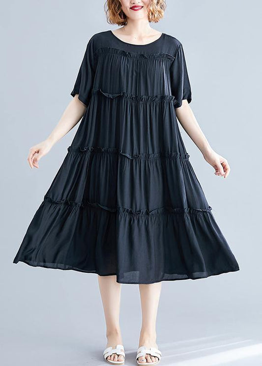 Modern Black Cotton Tunics O Neck Cinched Maxi Summer Dress