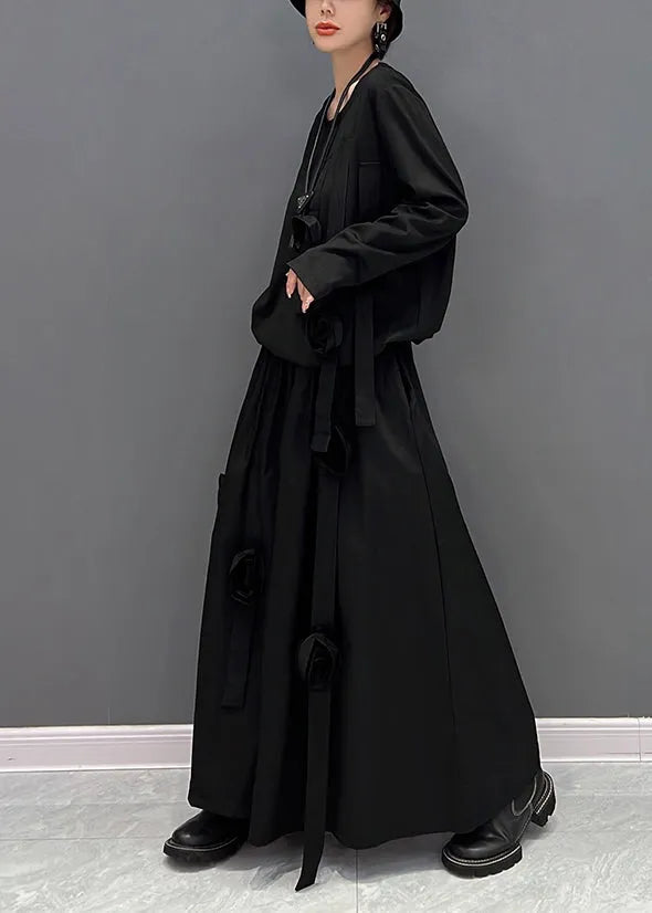 Loose Black O-neck Top and Maxi Skirts Two Pieces Set Fall