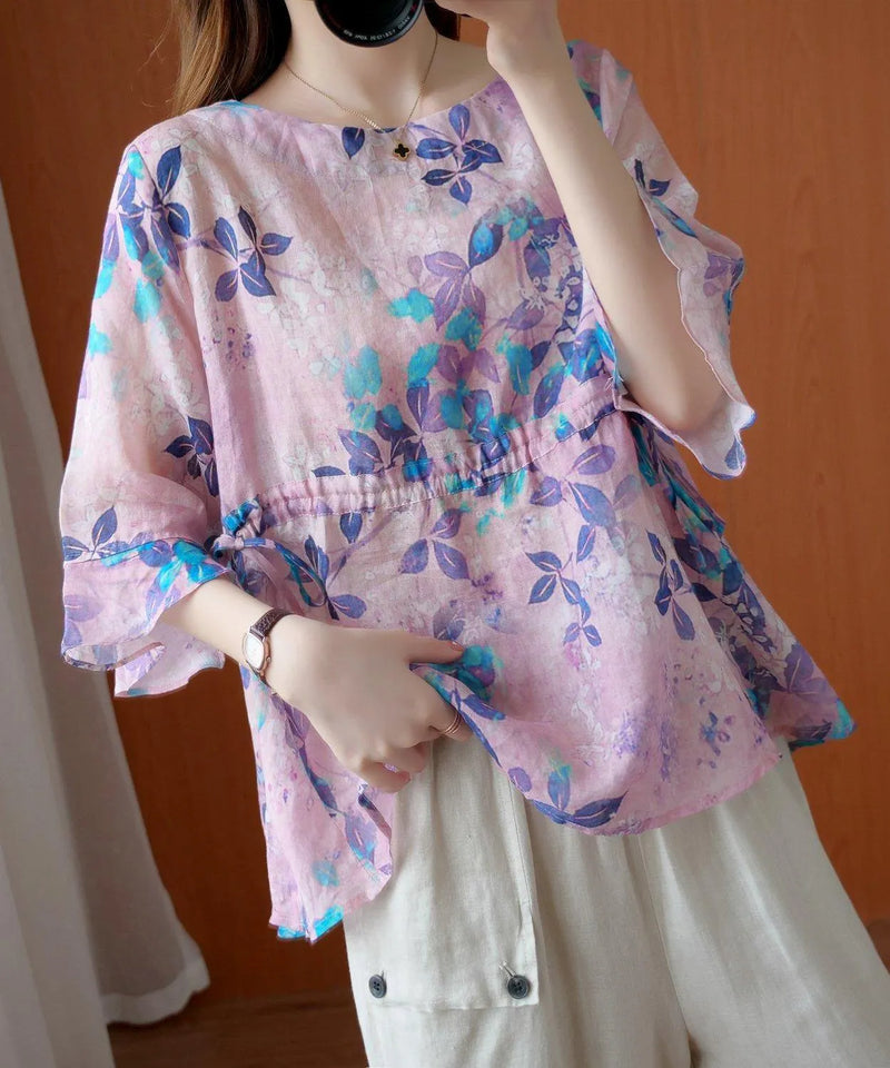 Purple Print Top O Neck Drawstring Daily Summer Blouses