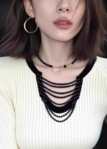 Slim Fit White Beading Hollow Out Knit Top Spring