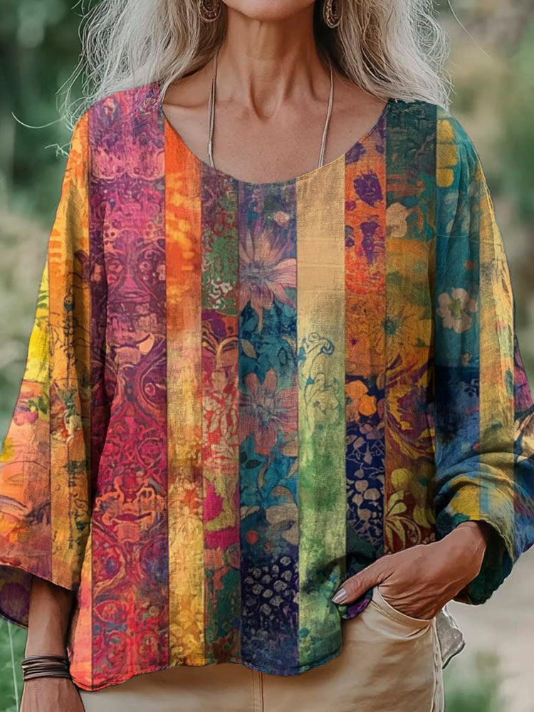 Bohemian Vintage Floral Print Women's Linen Shirt elevenforest