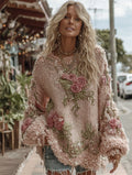 Women's Vintage Floral Chunky Knit Warm Crew Neck Sweater artswardrobe