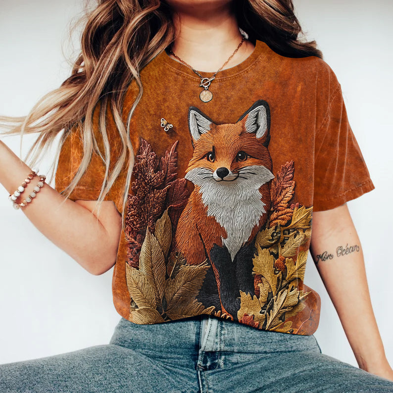 Comstylish Respect The Locals Protect National Park Maple Leaf Cute Fox Graphic Embroidered Washed T Shirt