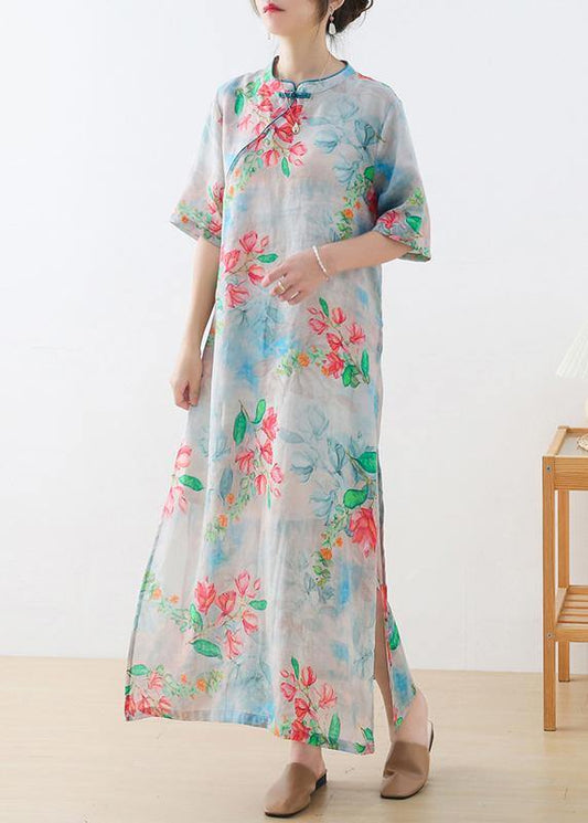 Blue Print Oriental Dresses Summer Ramie