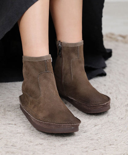 Soft Grey Zippered Boots Cowhide Leather Cross Strap Boots