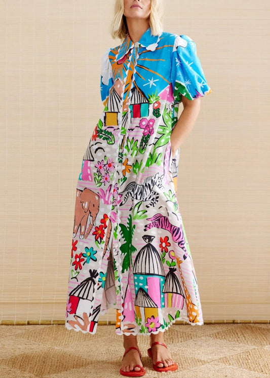 Peter Pan Collar Print Cotton Shirts Dress Summer