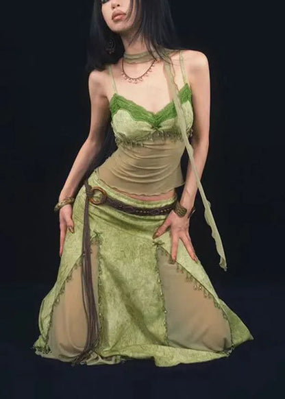 Green Tie Dyed Suspender Top and Skirt Two Piece Set Summer