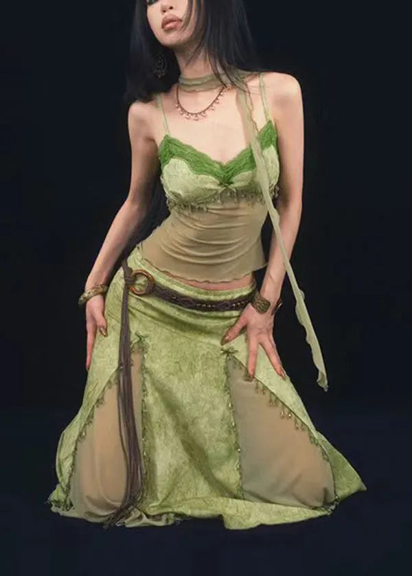 Green Tie Dyed Suspender Top and Skirt Two Piece Set Summer
