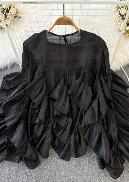 Black O-neck Ruffled Patchwork Button Silk Top Long Sleeve