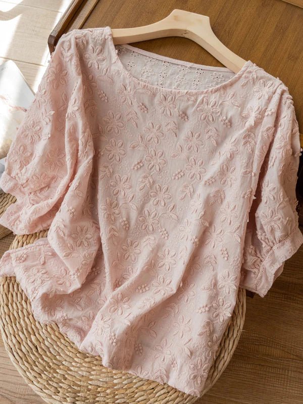 Embroidered Round Neck Half Sleeve Linen Tee Top