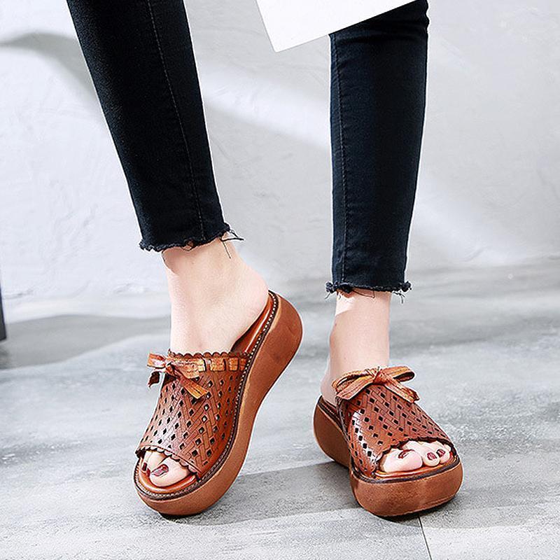 Leather Hollow Out Wedge Slippers