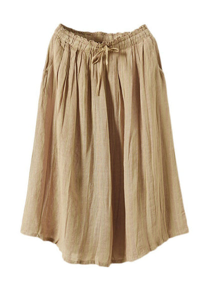 Khaki Drawstring Pockets Linen a Line Skirts Summer