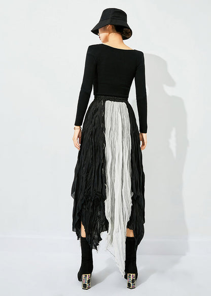 Colorblock Asymmetrical Patchwork Wrinkled Cotton Skirts Summer
