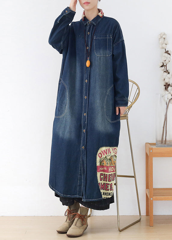 Blue Peter Pan Collar Patchwork Letter Print Button Pockets Cotton Denim Dresses Long Sleeve