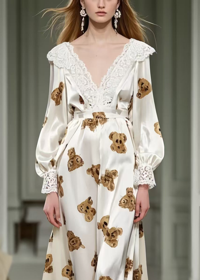 Little Bear Print Patchwork Lace Silk Long Dress Spring