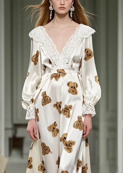 Little Bear Print Patchwork Lace Silk Long Dress Spring