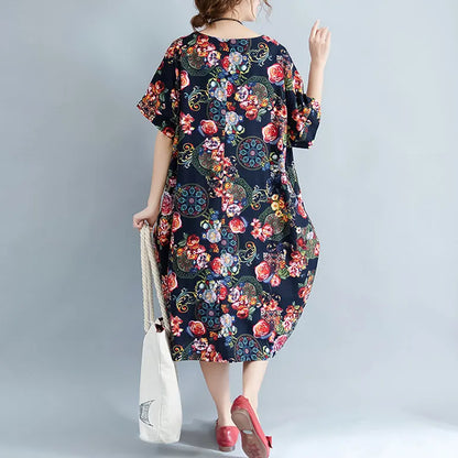 Black Long Linen Dress Prints Cotton Dress Short Sleeve Linen Dress