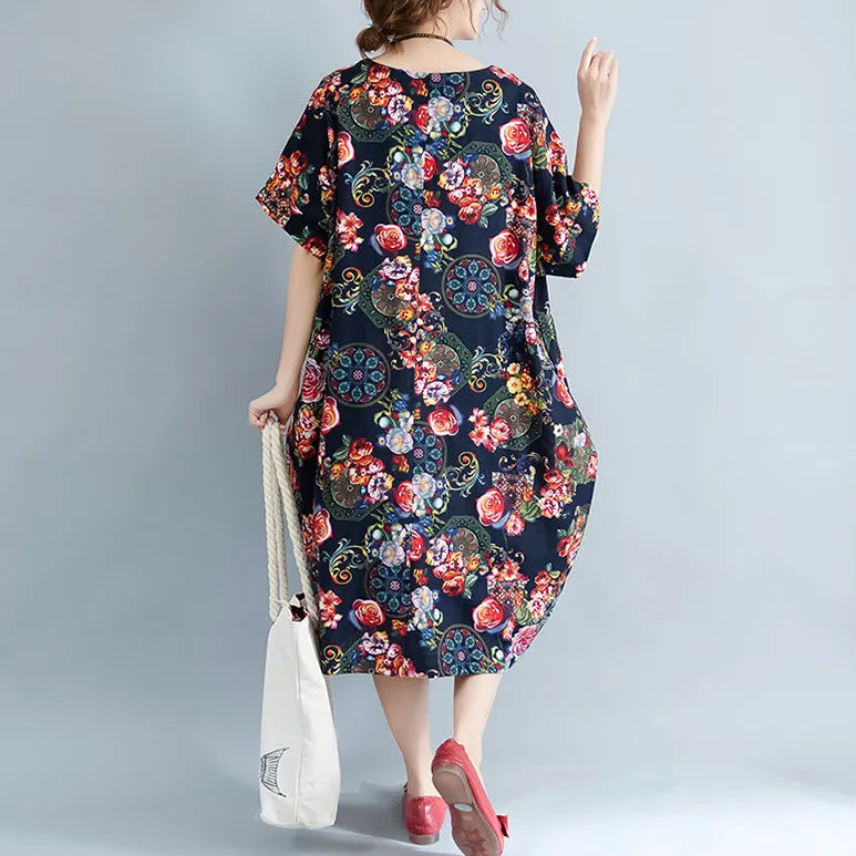 Black Long Linen Dress Prints Cotton Dress Short Sleeve Linen Dress